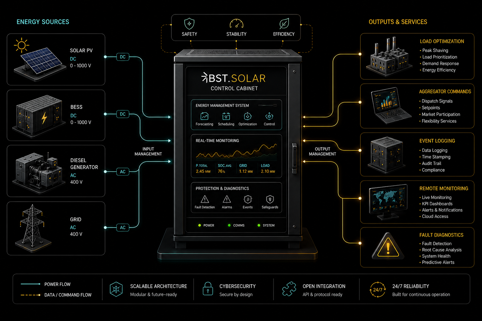 BST.SOLAR control cabinet managing solar PV, BESS, diesel generator and grid in one energy management system