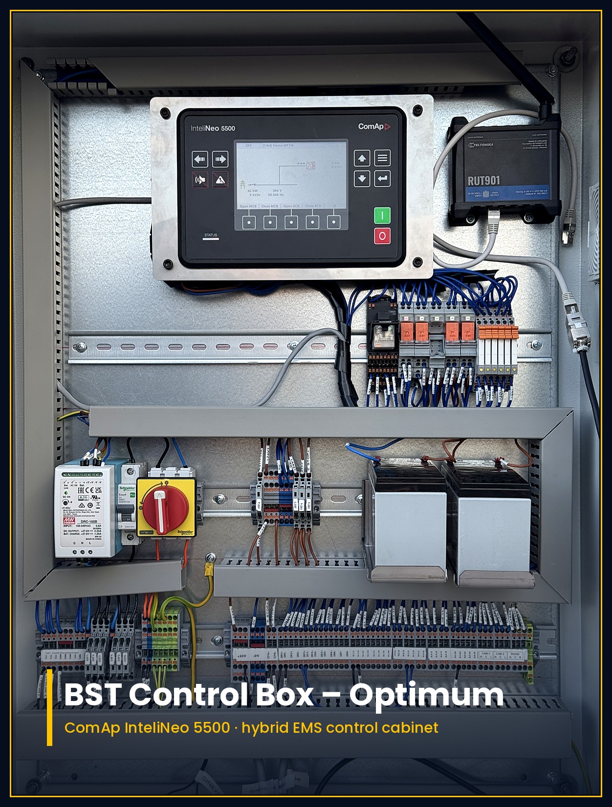 BST Control Box – Optimum: open cabinet with the ComAp InteliNeo 5500 hybrid EMS controller
